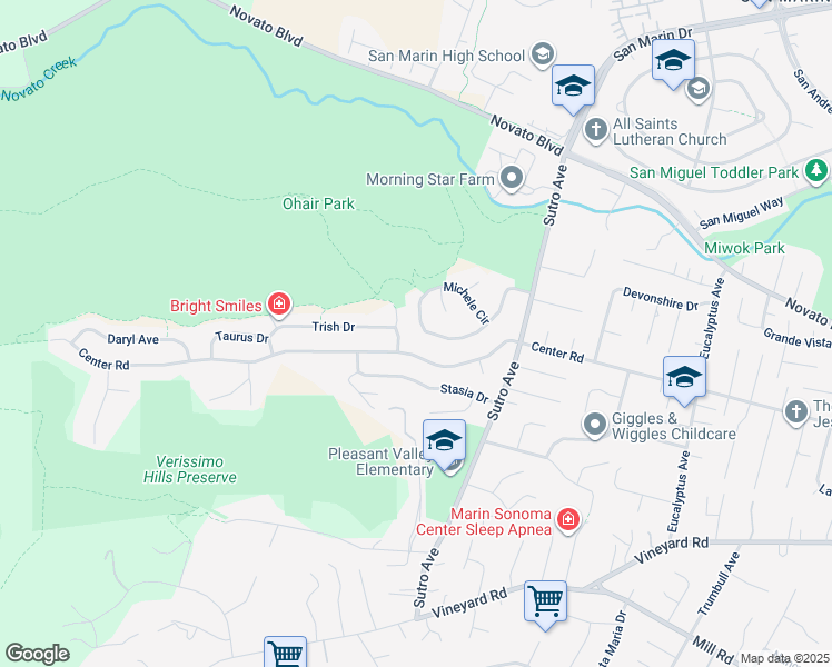 map of restaurants, bars, coffee shops, grocery stores, and more near 10 Trish Drive in Novato
