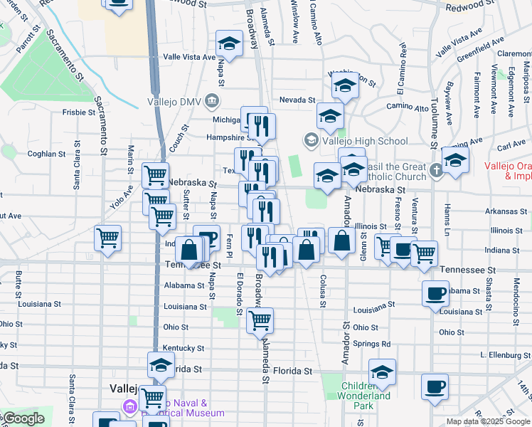 map of restaurants, bars, coffee shops, grocery stores, and more near in Vallejo