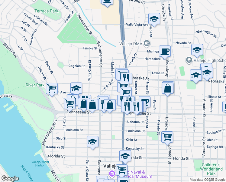 map of restaurants, bars, coffee shops, grocery stores, and more near 1712 Marin Street in Vallejo