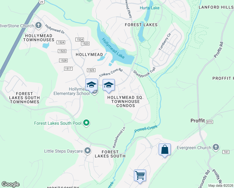 map of restaurants, bars, coffee shops, grocery stores, and more near 2801 Powell Creek Drive in Charlottesville