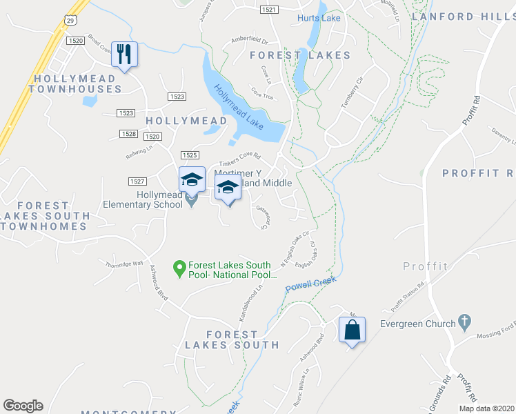 map of restaurants, bars, coffee shops, grocery stores, and more near 2747 Gatewood Circle in Charlottesville