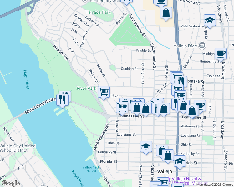map of restaurants, bars, coffee shops, grocery stores, and more near 161 Farragut Avenue in Vallejo