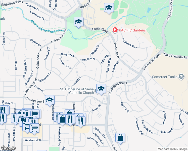map of restaurants, bars, coffee shops, grocery stores, and more near 410 Locust Drive in Vallejo