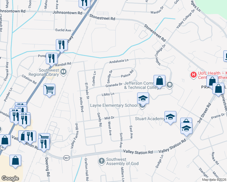 map of restaurants, bars, coffee shops, grocery stores, and more near 4900 Libby Lane in Louisville