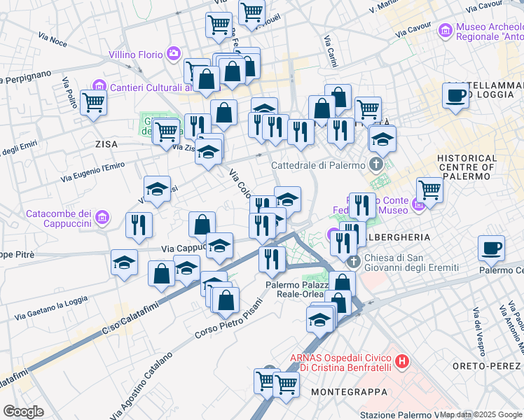 map of restaurants, bars, coffee shops, grocery stores, and more near 2 Via Padre Cangemi in Palermo