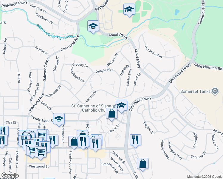 map of restaurants, bars, coffee shops, grocery stores, and more near 410 Locust Drive in Vallejo