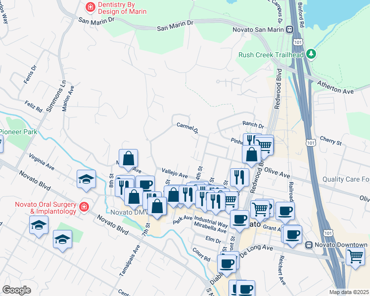 map of restaurants, bars, coffee shops, grocery stores, and more near 44 Jade Court in Novato