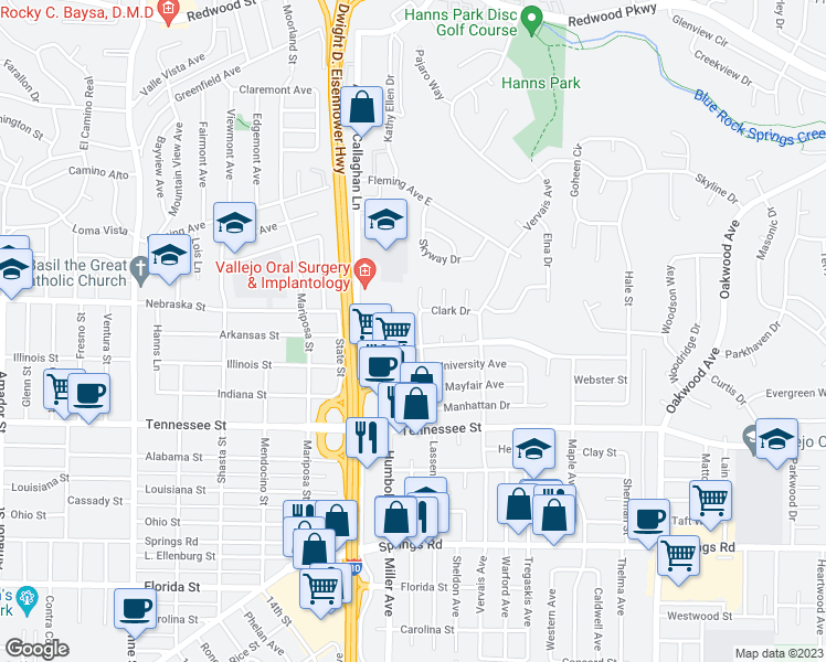 map of restaurants, bars, coffee shops, grocery stores, and more near 1413 Lassen Street in Vallejo