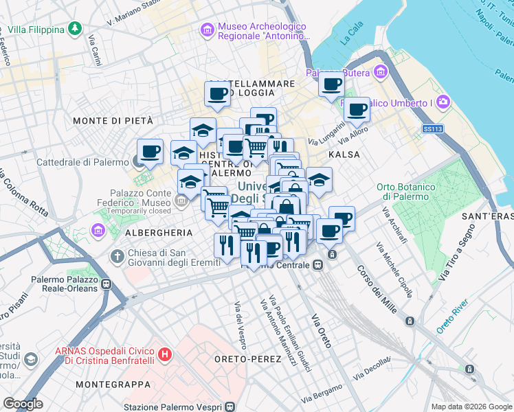 map of restaurants, bars, coffee shops, grocery stores, and more near 99 Via Maqueda in Palermo