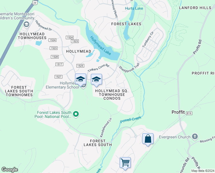 map of restaurants, bars, coffee shops, grocery stores, and more near 2752 Gatewood Circle in Charlottesville