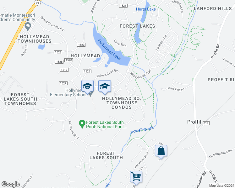 map of restaurants, bars, coffee shops, grocery stores, and more near 2750 Gatewood Circle in Charlottesville