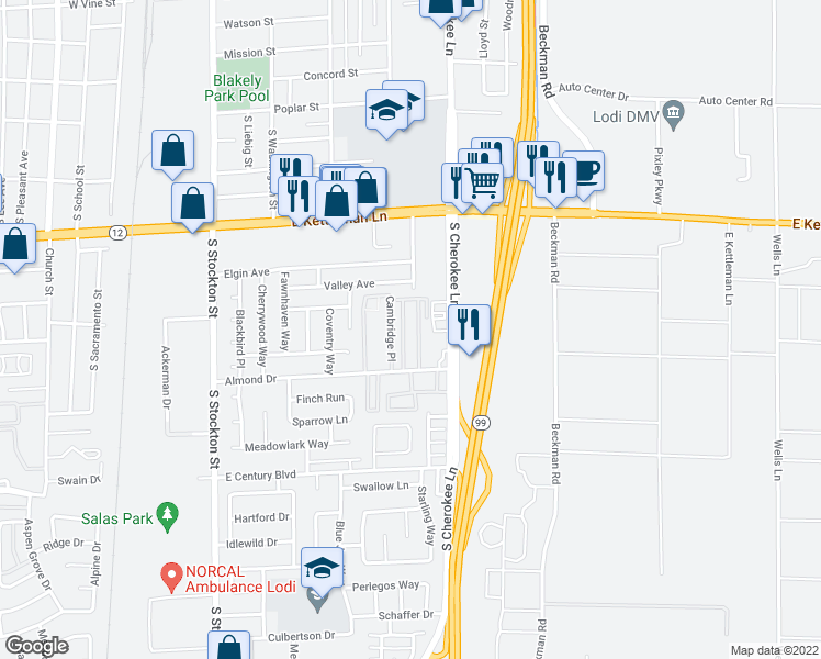 map of restaurants, bars, coffee shops, grocery stores, and more near 1721 South Cherokee Lane in Lodi