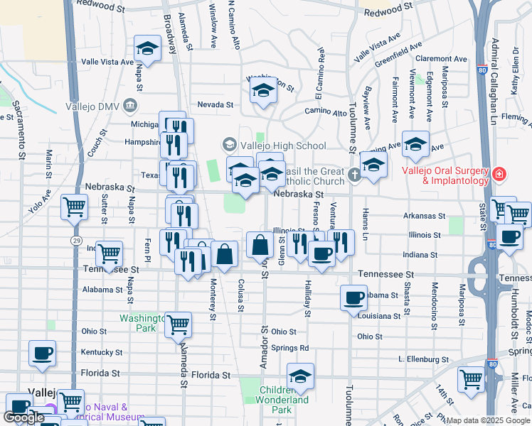 map of restaurants, bars, coffee shops, grocery stores, and more near 1347 Amador Street in Vallejo