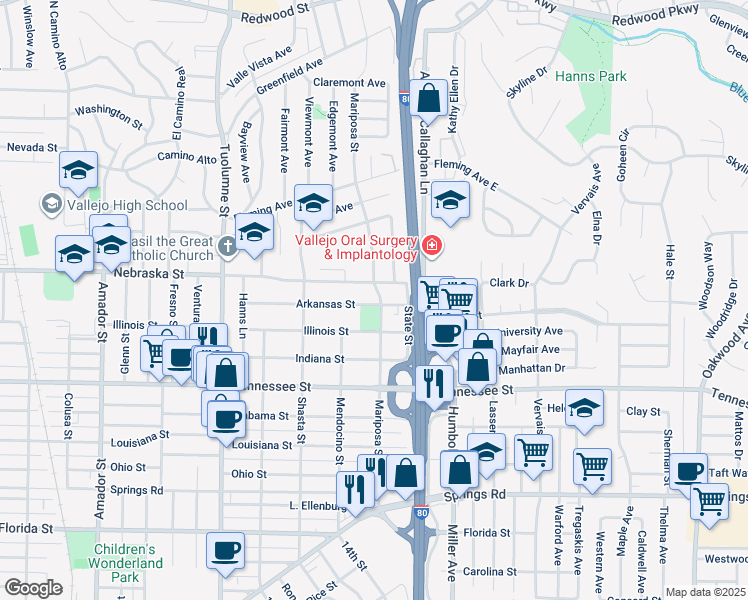 map of restaurants, bars, coffee shops, grocery stores, and more near 905 Mariposa Street in Vallejo