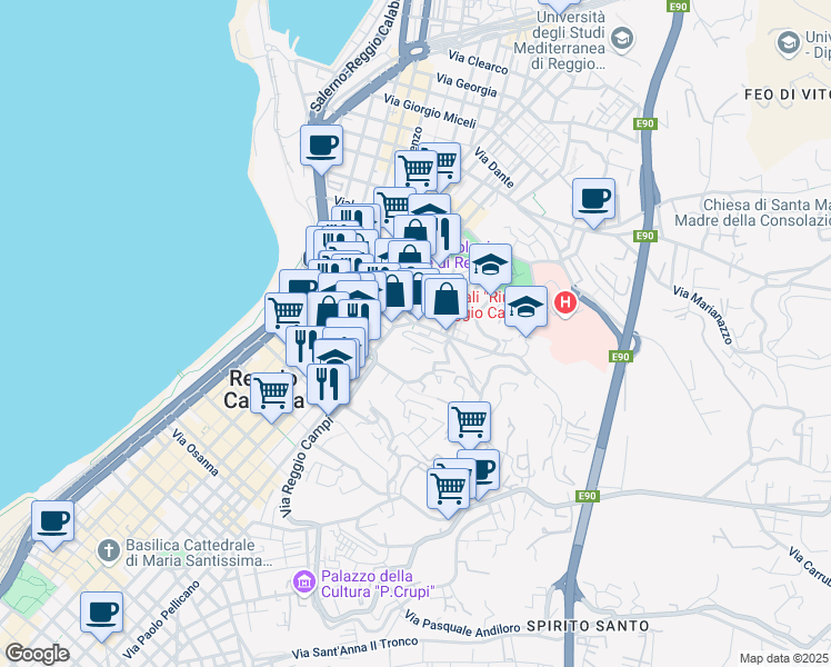 map of restaurants, bars, coffee shops, grocery stores, and more near 84 Via Dalmazia in Reggio Calabria