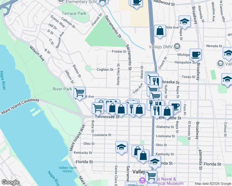map of restaurants, bars, coffee shops, grocery stores, and more near 1513 Santa Clara Street in Vallejo