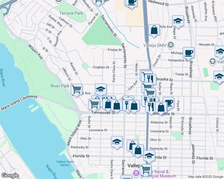 map of restaurants, bars, coffee shops, grocery stores, and more near 326 Farragut Avenue in Vallejo
