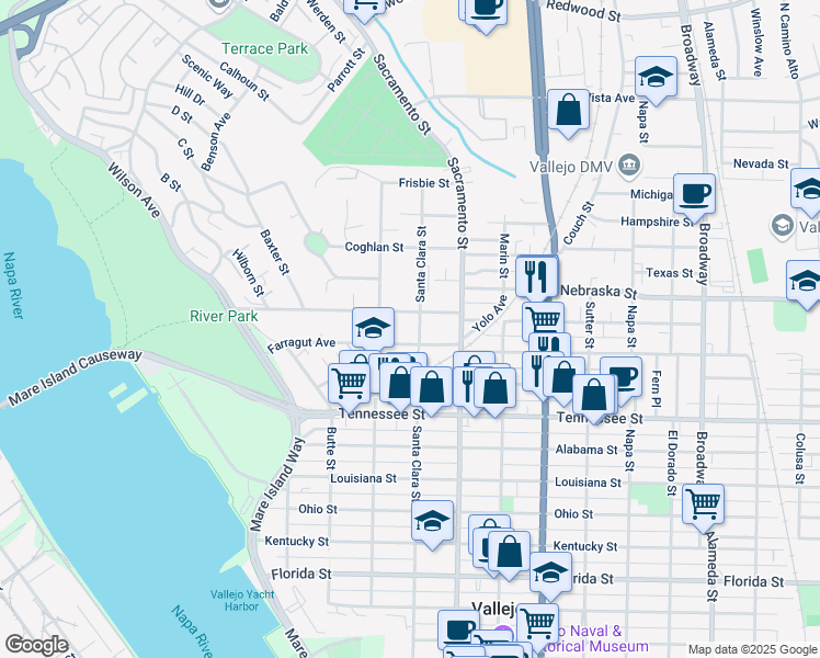 map of restaurants, bars, coffee shops, grocery stores, and more near 1513 Santa Clara Street in Vallejo