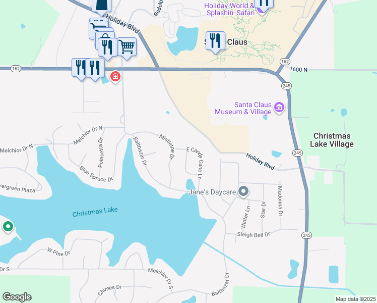 map of restaurants, bars, coffee shops, grocery stores, and more near in Santa Claus