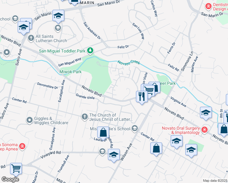 map of restaurants, bars, coffee shops, grocery stores, and more near 17 Oliva Drive in Novato