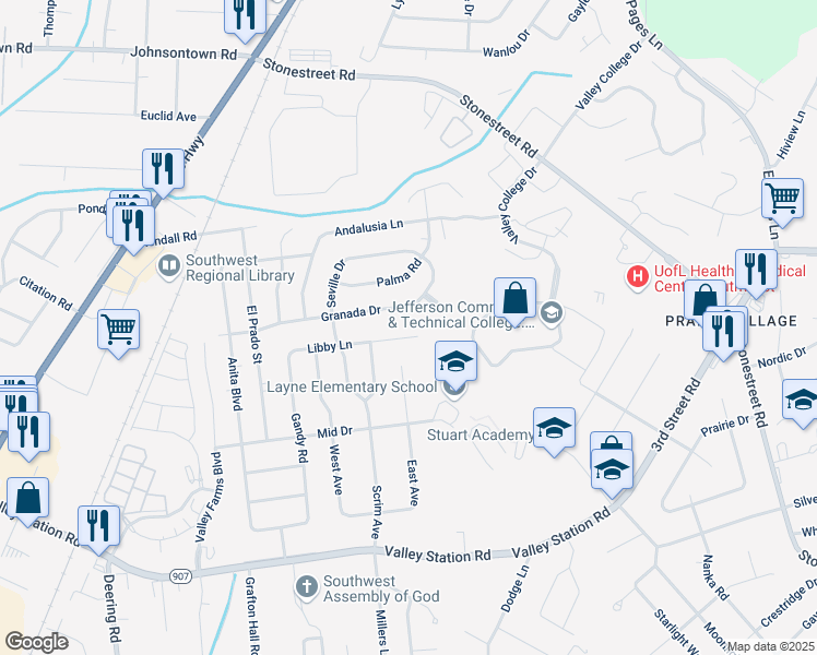 map of restaurants, bars, coffee shops, grocery stores, and more near 4716 Granada Drive in Louisville