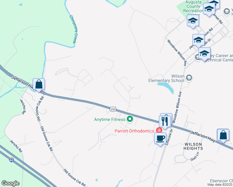 map of restaurants, bars, coffee shops, grocery stores, and more near 48 Briarwood Circle in Staunton