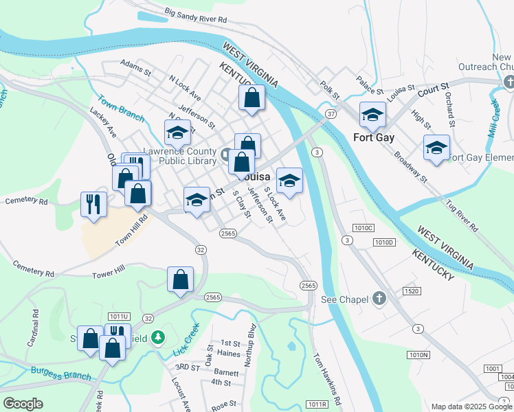 map of restaurants, bars, coffee shops, grocery stores, and more near 235 Powhatan Street in Louisa