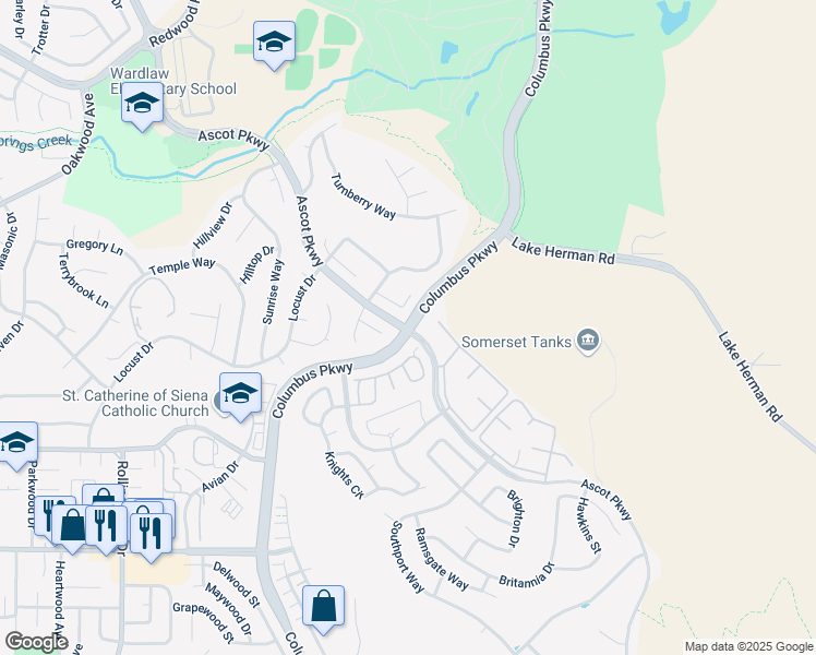 map of restaurants, bars, coffee shops, grocery stores, and more near Columbus Pkwy & Ascot Pkwy in Vallejo
