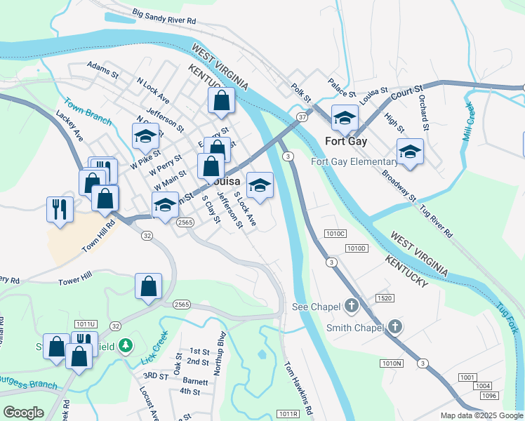 map of restaurants, bars, coffee shops, grocery stores, and more near 235 Powhatan Street in Louisa