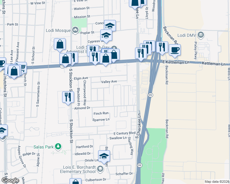 map of restaurants, bars, coffee shops, grocery stores, and more near 445 Almond Drive in Lodi