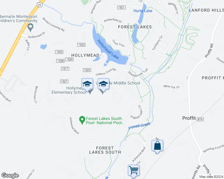 map of restaurants, bars, coffee shops, grocery stores, and more near 2768 Gatewood Circle in Charlottesville