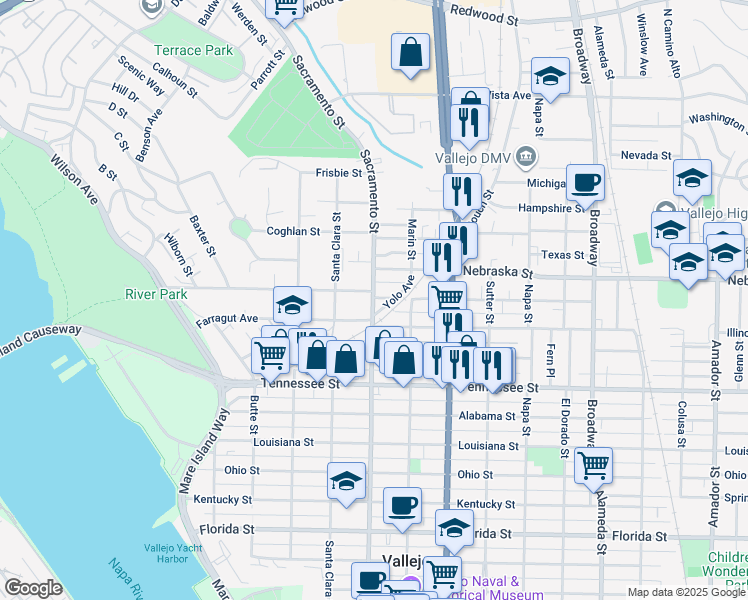 map of restaurants, bars, coffee shops, grocery stores, and more near 1714 Sacramento Street in Vallejo