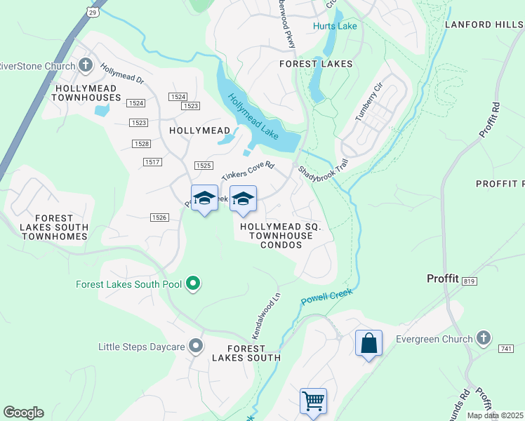 map of restaurants, bars, coffee shops, grocery stores, and more near 2844 Powell Creek Drive in Charlottesville