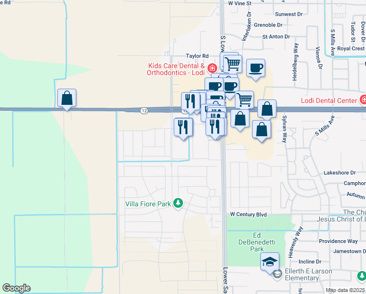 map of restaurants, bars, coffee shops, grocery stores, and more near 1601 South Lower Sacramento Road in Lodi