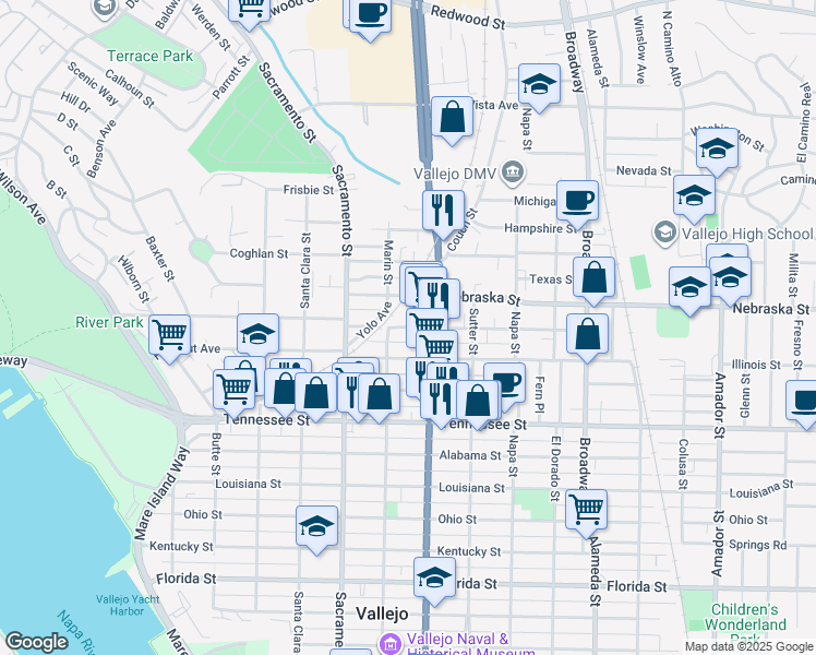 map of restaurants, bars, coffee shops, grocery stores, and more near 213 Arkansas Street in Vallejo