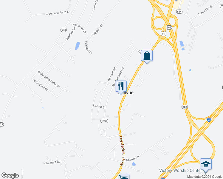 map of restaurants, bars, coffee shops, grocery stores, and more near 157 Montgomery Road in Staunton