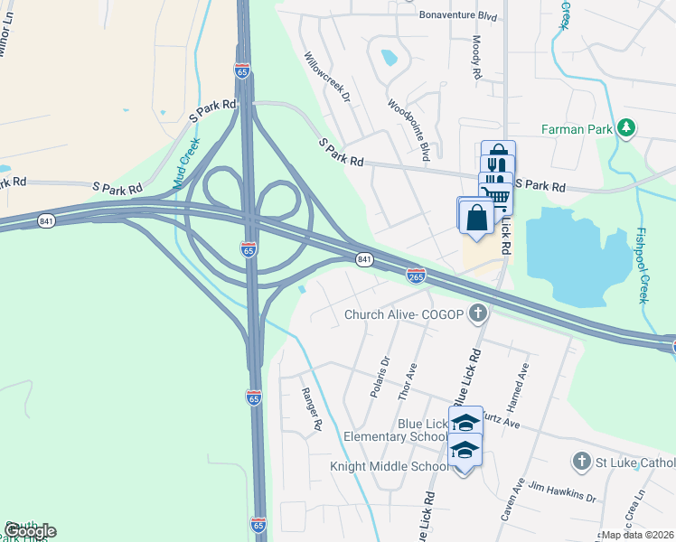 map of restaurants, bars, coffee shops, grocery stores, and more near 9412 Titan Drive in Louisville