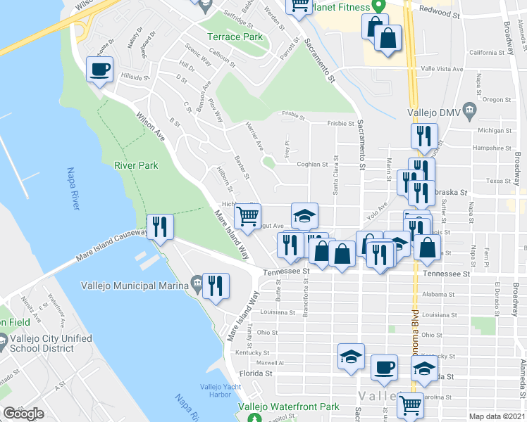 map of restaurants, bars, coffee shops, grocery stores, and more near 522 Hichborn Street in Vallejo