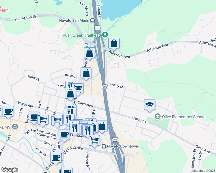 map of restaurants, bars, coffee shops, grocery stores, and more near 724 Cherry Street in Novato
