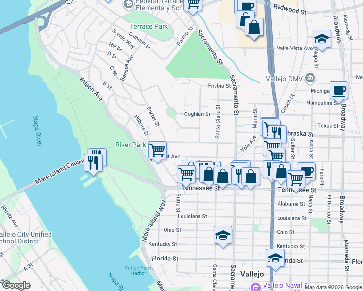 map of restaurants, bars, coffee shops, grocery stores, and more near Hichborn Street in Vallejo