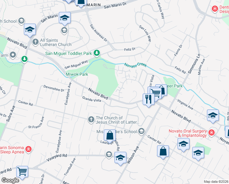 map of restaurants, bars, coffee shops, grocery stores, and more near 13F Oliva Drive in Novato