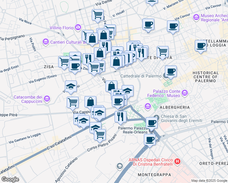 map of restaurants, bars, coffee shops, grocery stores, and more near 2 Via Padre Cangemi in Palermo