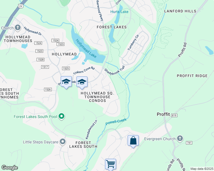 map of restaurants, bars, coffee shops, grocery stores, and more near 1910 Powell Creek Court in Charlottesville