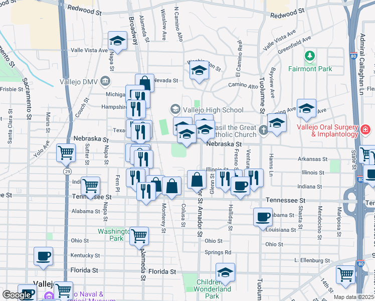 map of restaurants, bars, coffee shops, grocery stores, and more near 1347 Amador Street in Vallejo