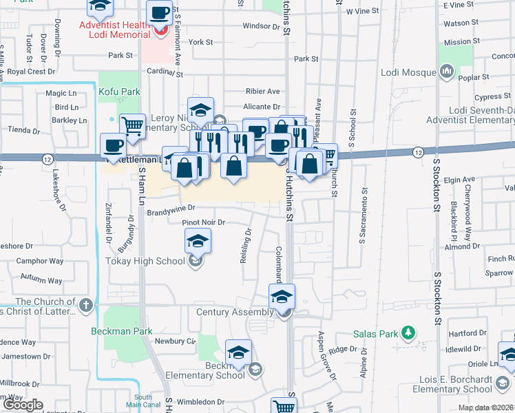 map of restaurants, bars, coffee shops, grocery stores, and more near 731 Brandywine Drive in Lodi