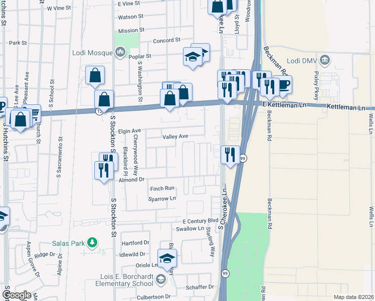 map of restaurants, bars, coffee shops, grocery stores, and more near 445 Almond Drive in Lodi