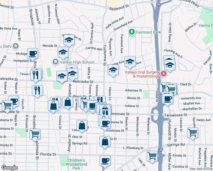 map of restaurants, bars, coffee shops, grocery stores, and more near in Vallejo