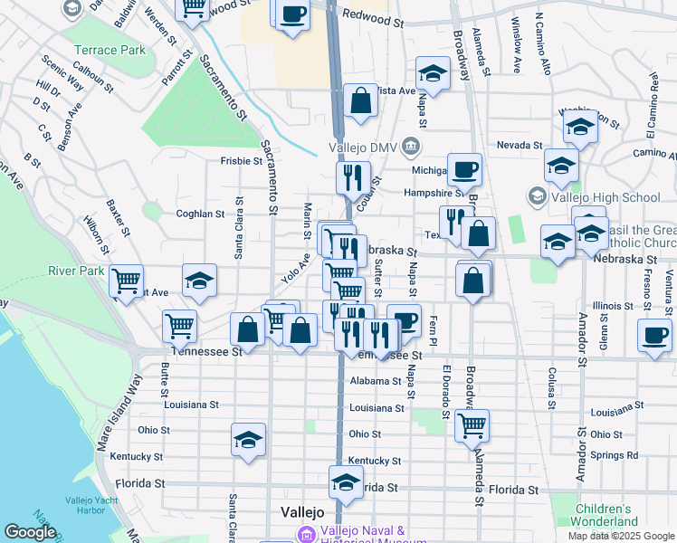 map of restaurants, bars, coffee shops, grocery stores, and more near 2920 Sonoma Boulevard in Vallejo