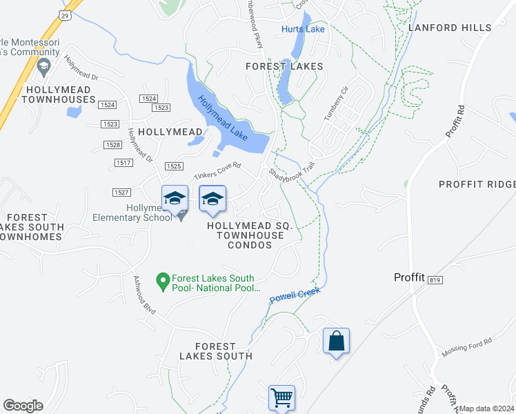 map of restaurants, bars, coffee shops, grocery stores, and more near 1910 Powell Creek Court in Charlottesville