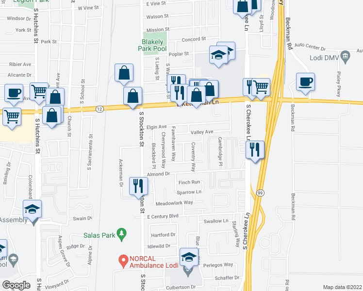 map of restaurants, bars, coffee shops, grocery stores, and more near 1603 Foxborough Way in Lodi